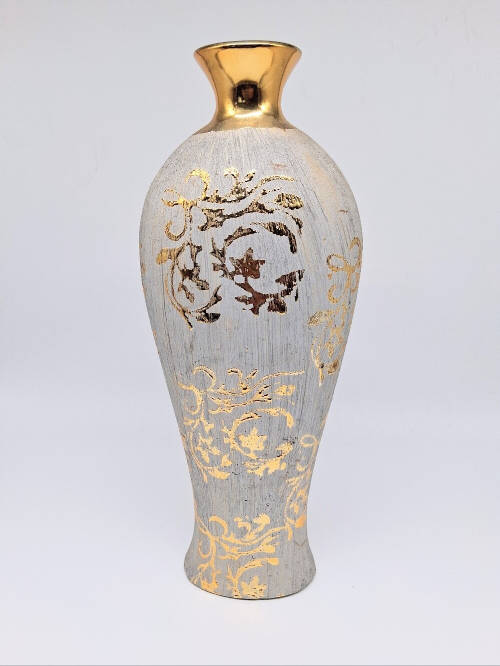 Gray And Gold Textured Ceramic Artistic Bottle Shape Vase 13 in. H